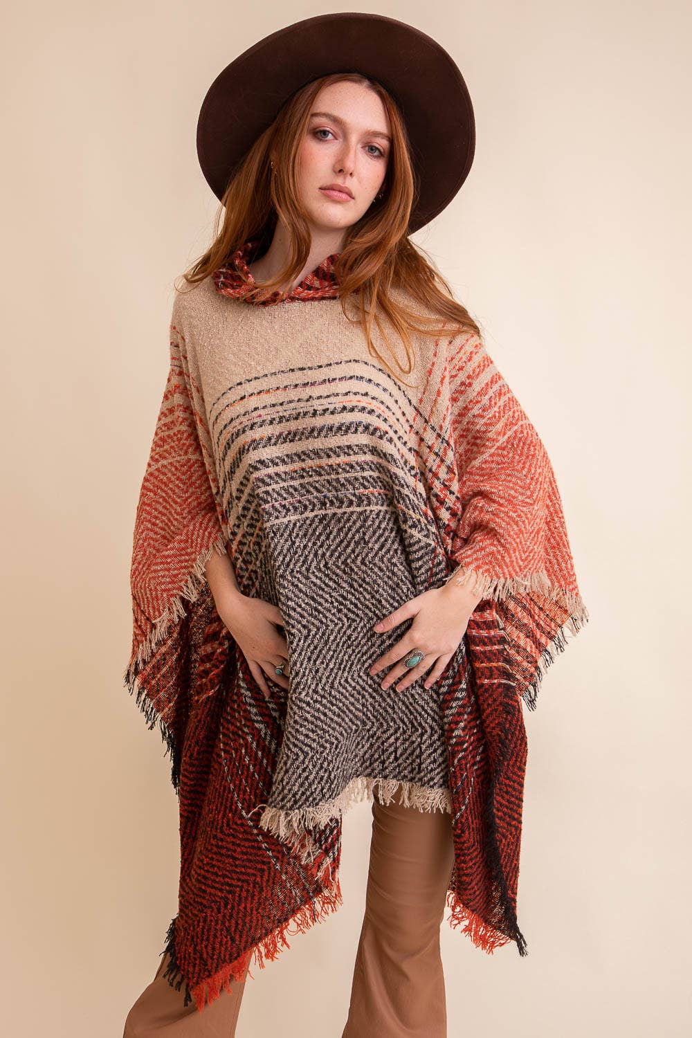 Herringbone Tweed Hooded Frayed Edge Poncho 🤎