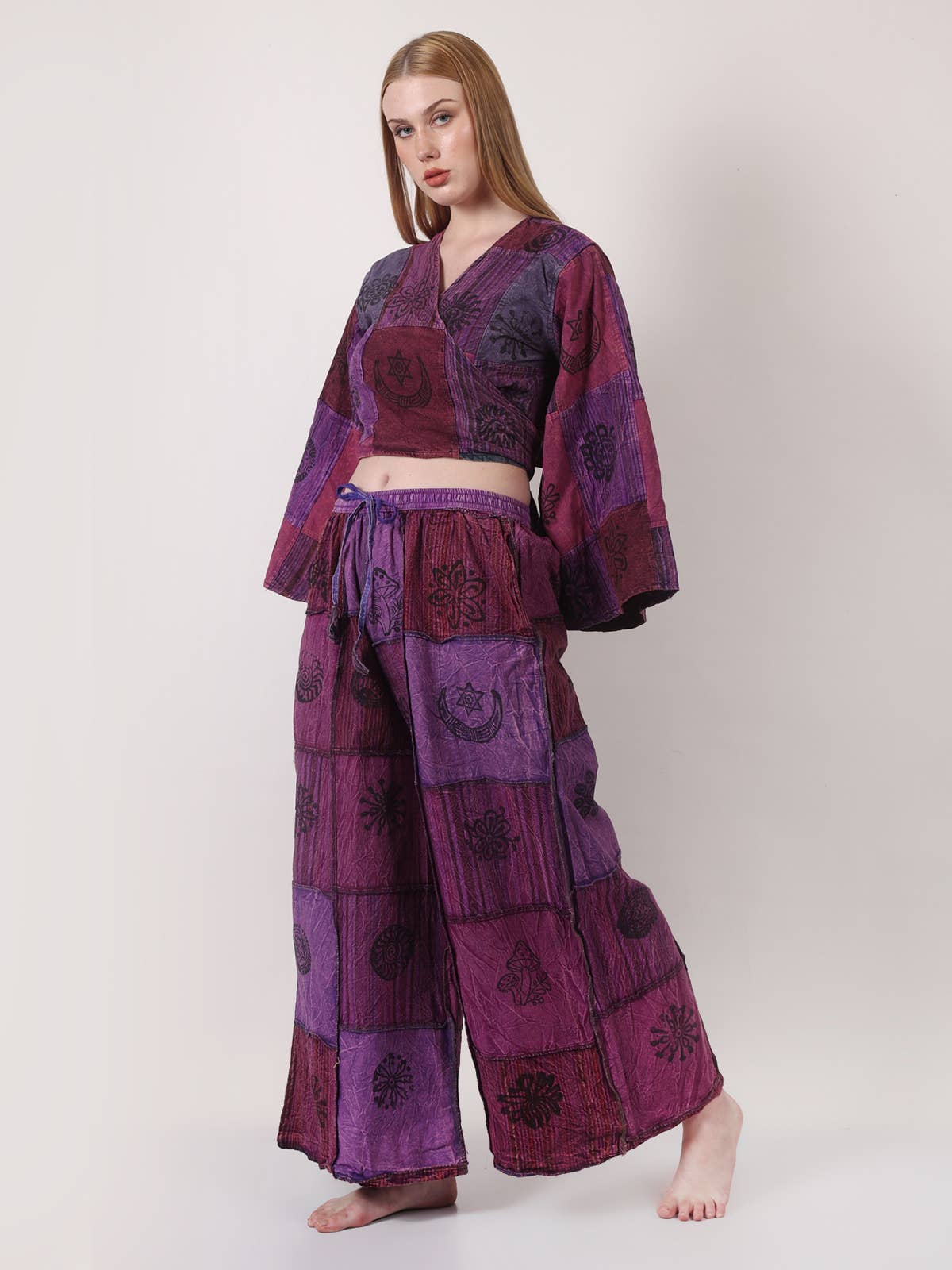 Women's Two Piece Deep V Neck Wrap Top & Wide Leg Pant Set