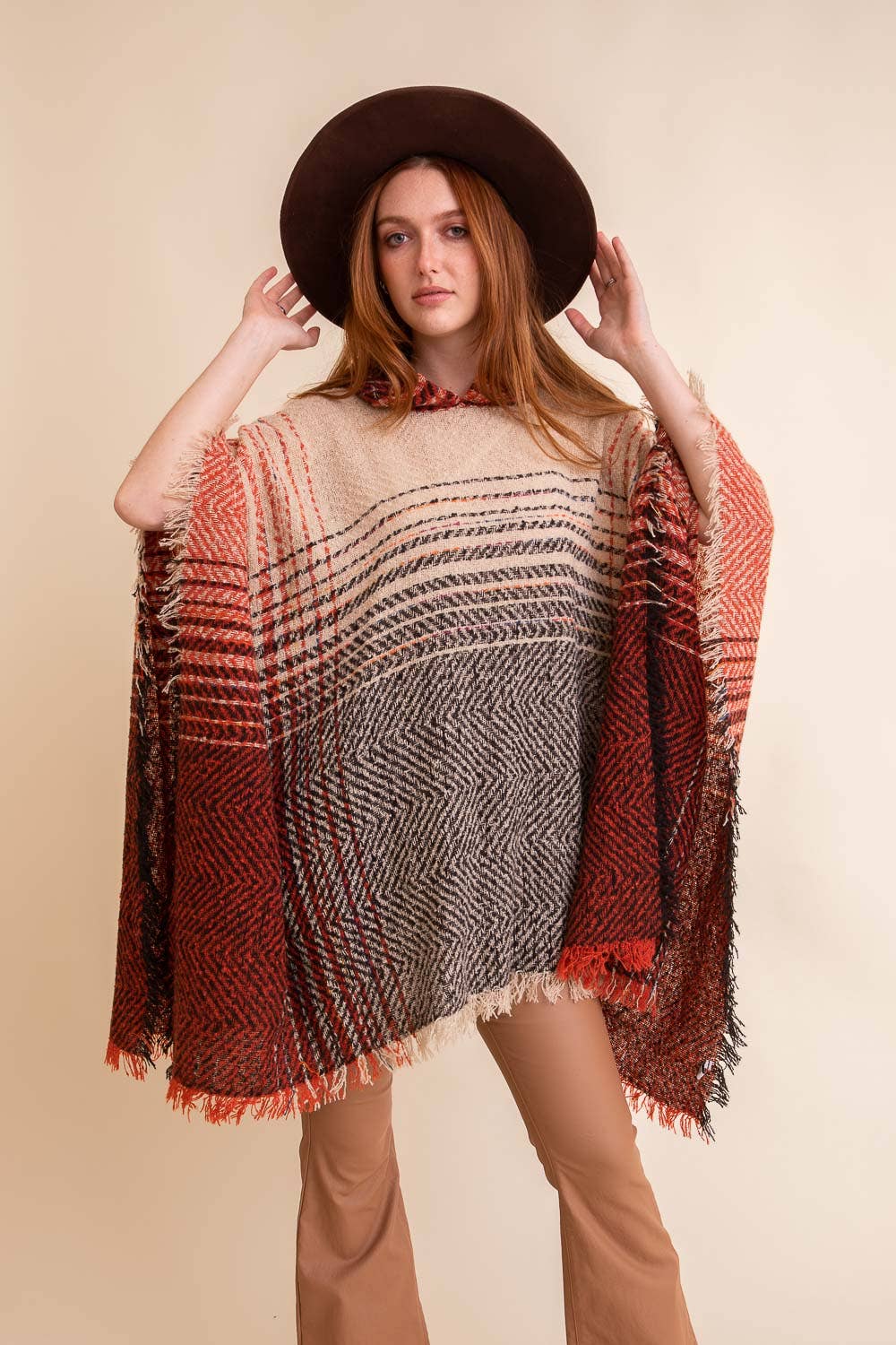 Herringbone Tweed Hooded Frayed Edge Poncho 🤎