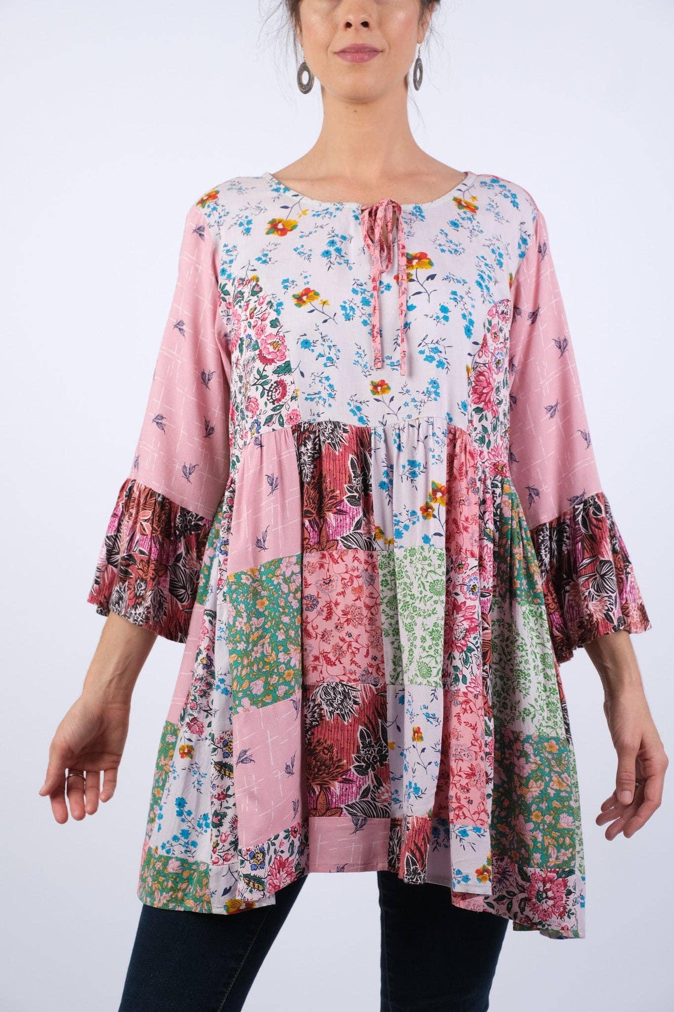 Petal Harmony Boho Tunic with Ruffled Sleeves