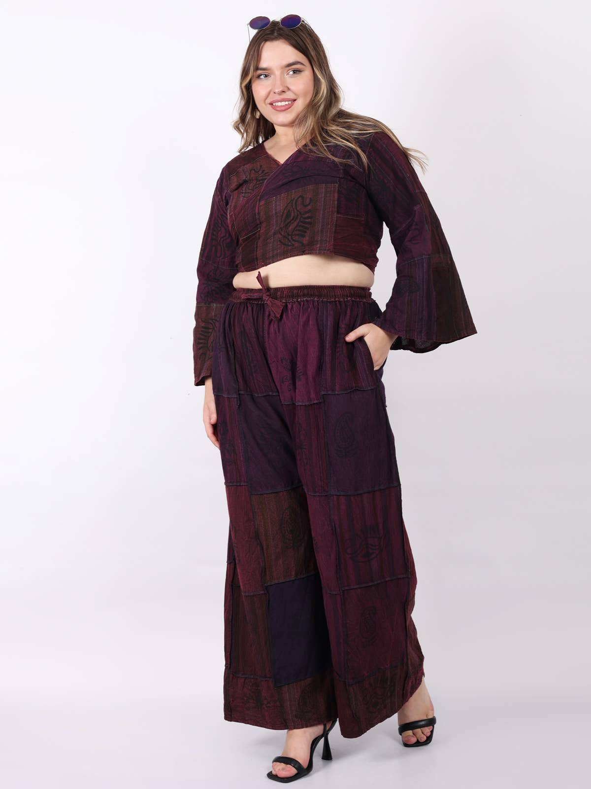 Women's Two Piece Deep V Neck Wrap Top & Wide Leg Pant Set