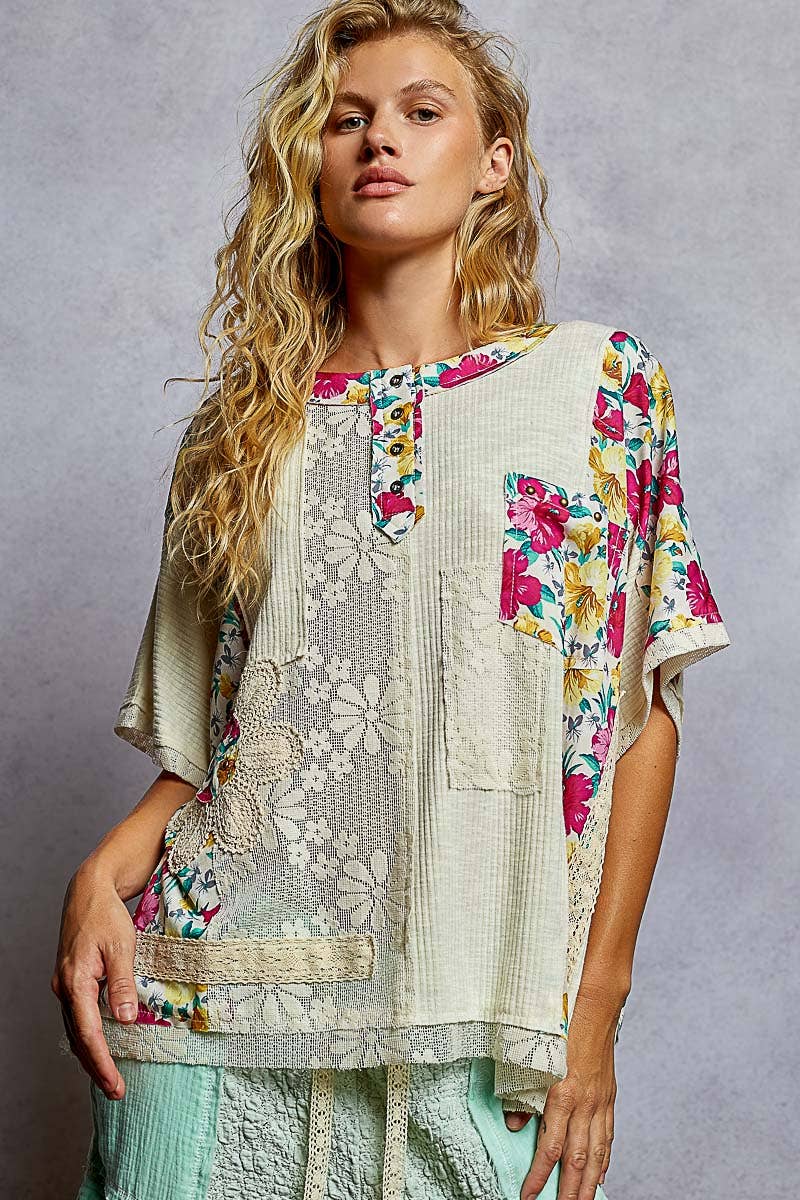 Round Neck Short Sleeve Floral Knit Rib Top SALE