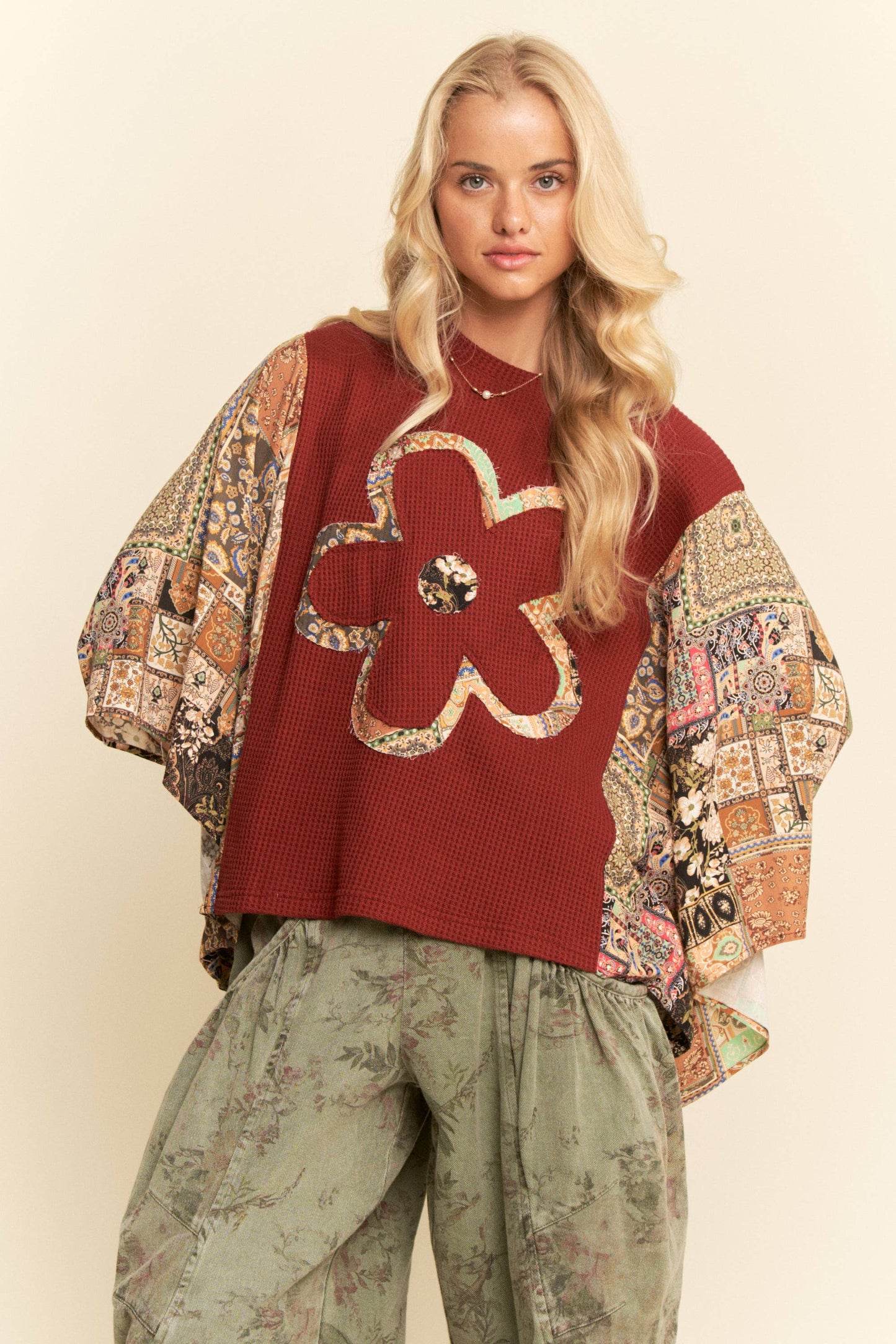 BOHO PATCHWORK KNIT TOP WITH FLOWER