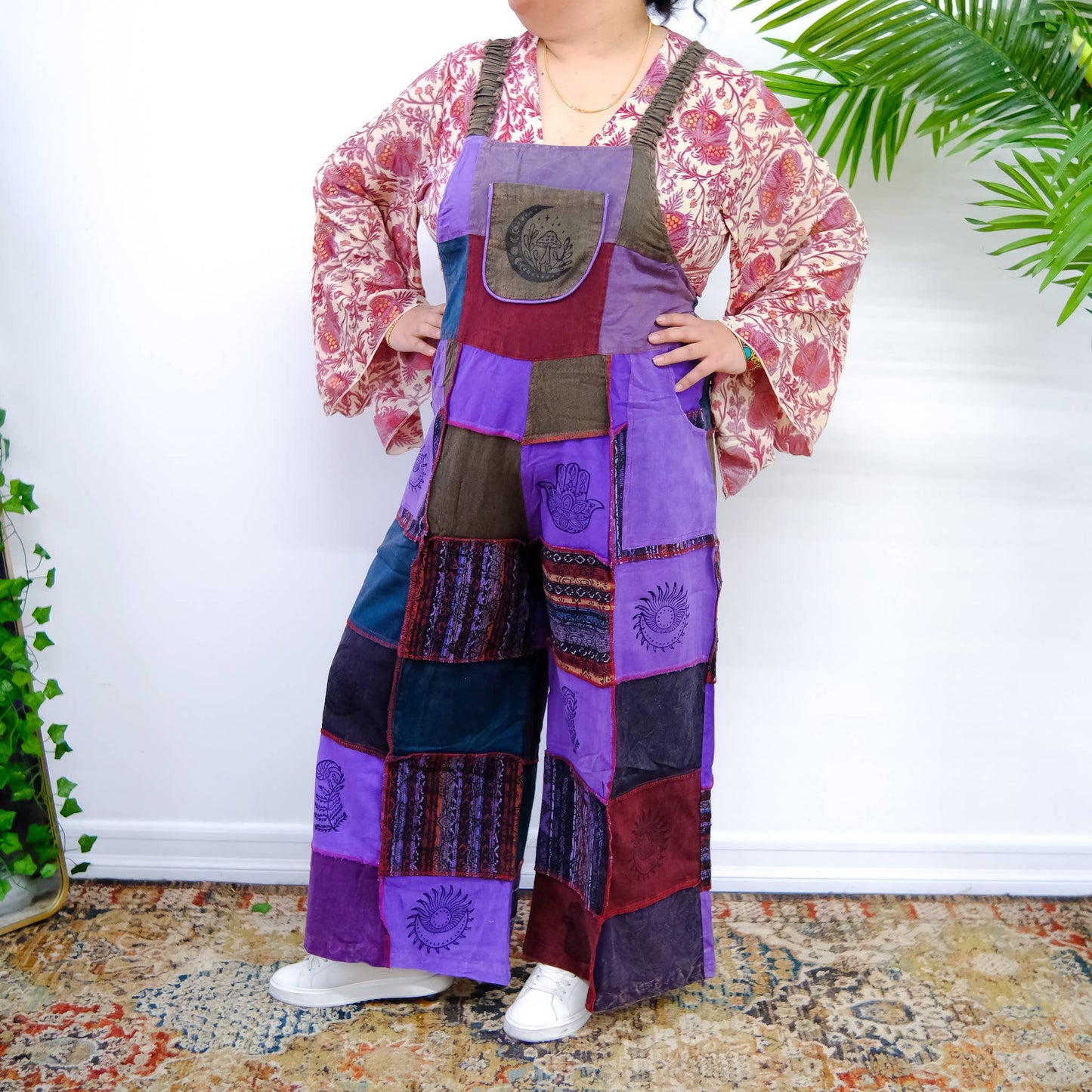 Bohemian Patchwork Wide Leg Jumpsuit with Pocket