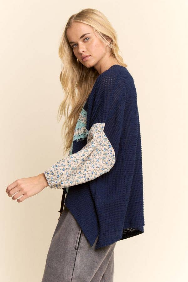 PLUS MULTI STAR PATCHWORK DITSY SLEEVE KNIT TOP
