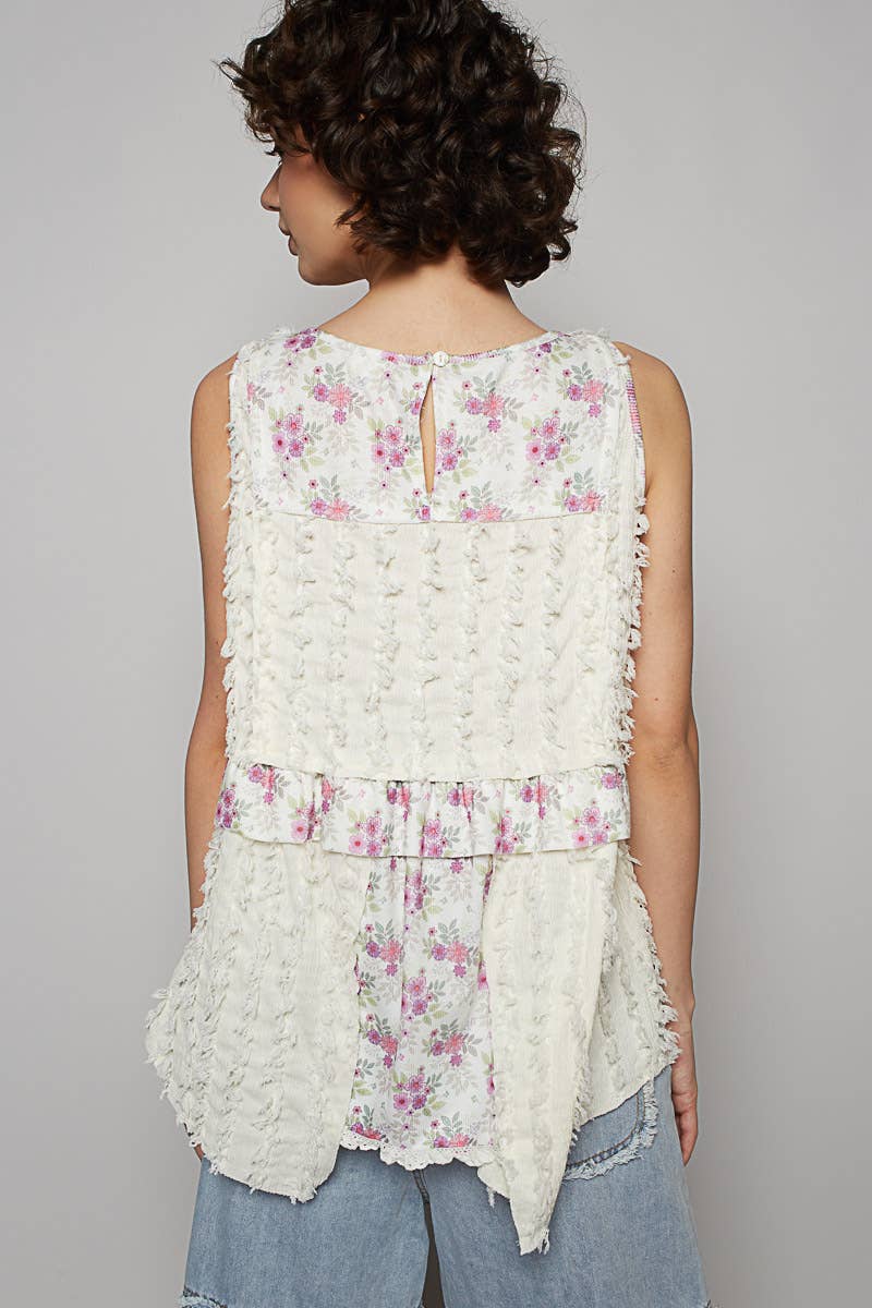 Round neck sleeveless textured woven floral top