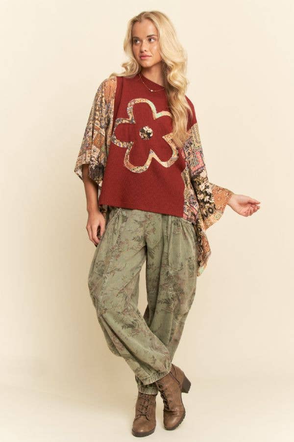 BOHO PATCHWORK KNIT TOP WITH FLOWER