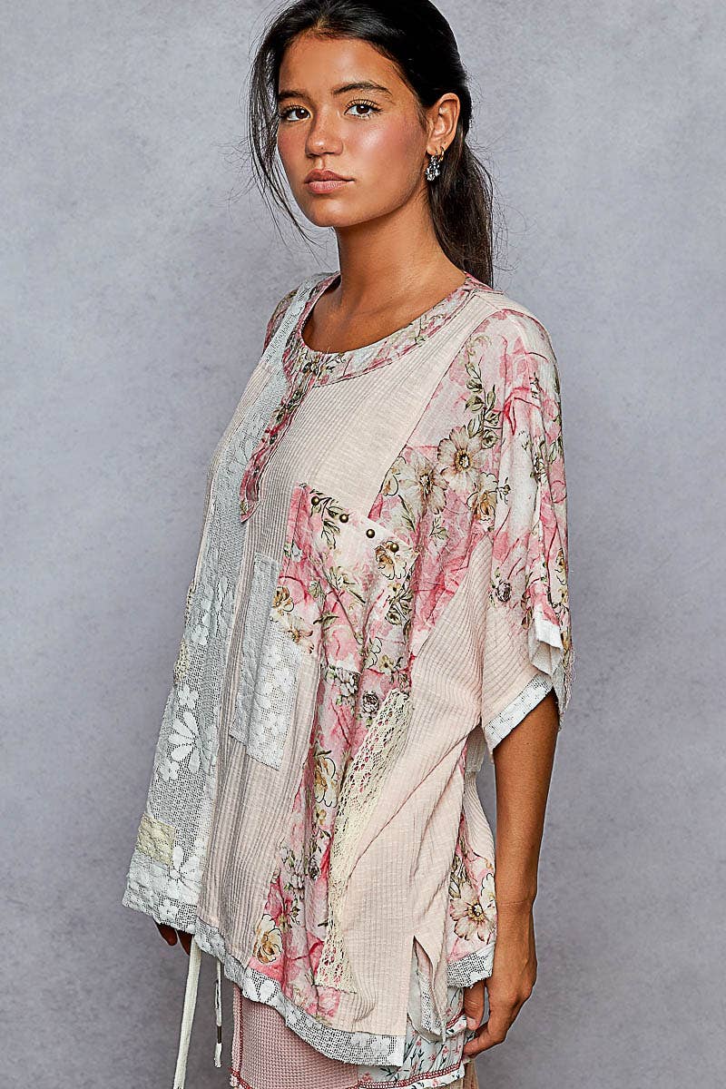 Round Neck Short Sleeve Floral Knit Rib Top SALE