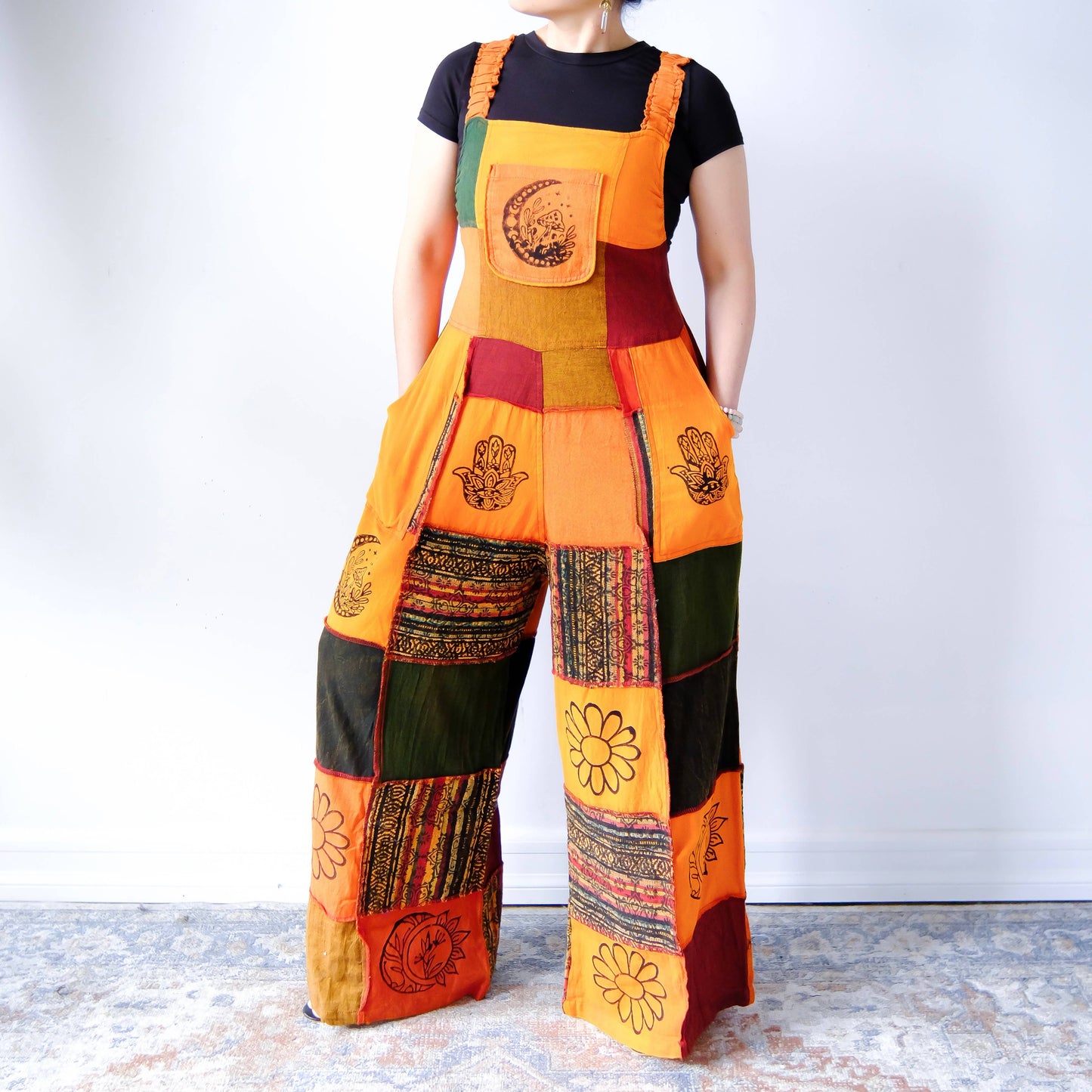 Bohemian Patchwork Wide Leg Jumpsuit with Pocket