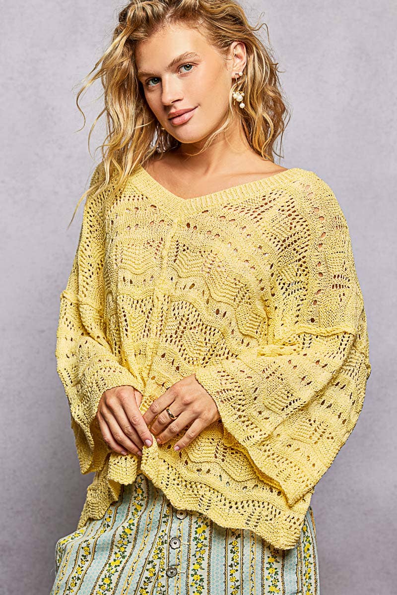 Open Knit V-Neck Oversized Short Sleeve Sweater Top SALE