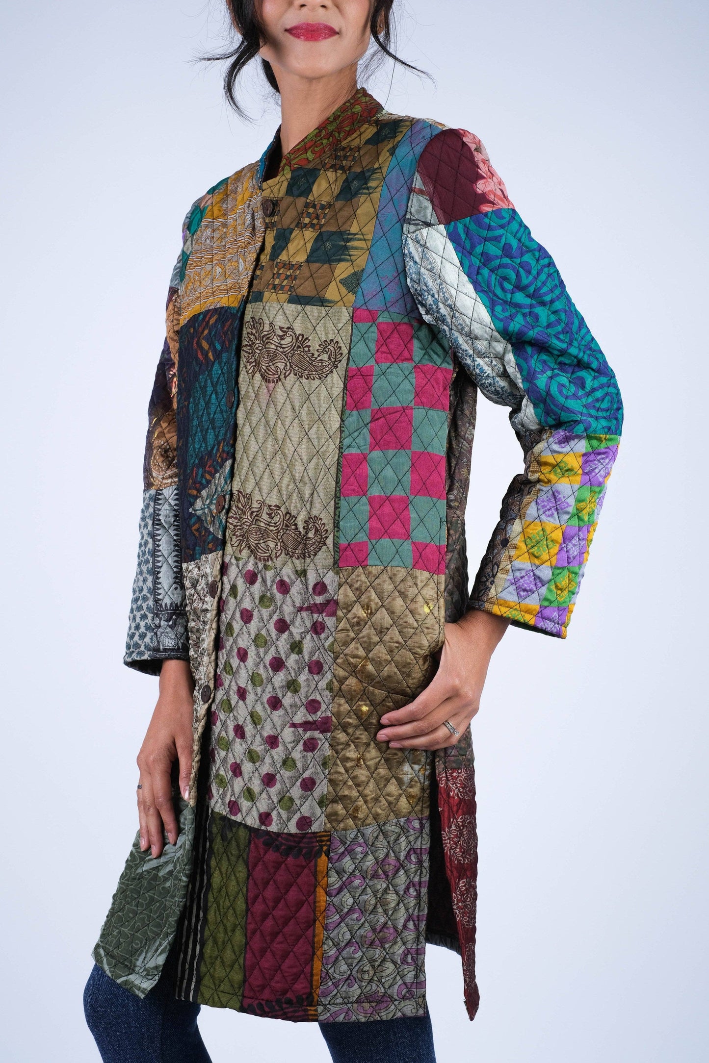 Vibrant Patchwork Quilted Poly Silk Jacket