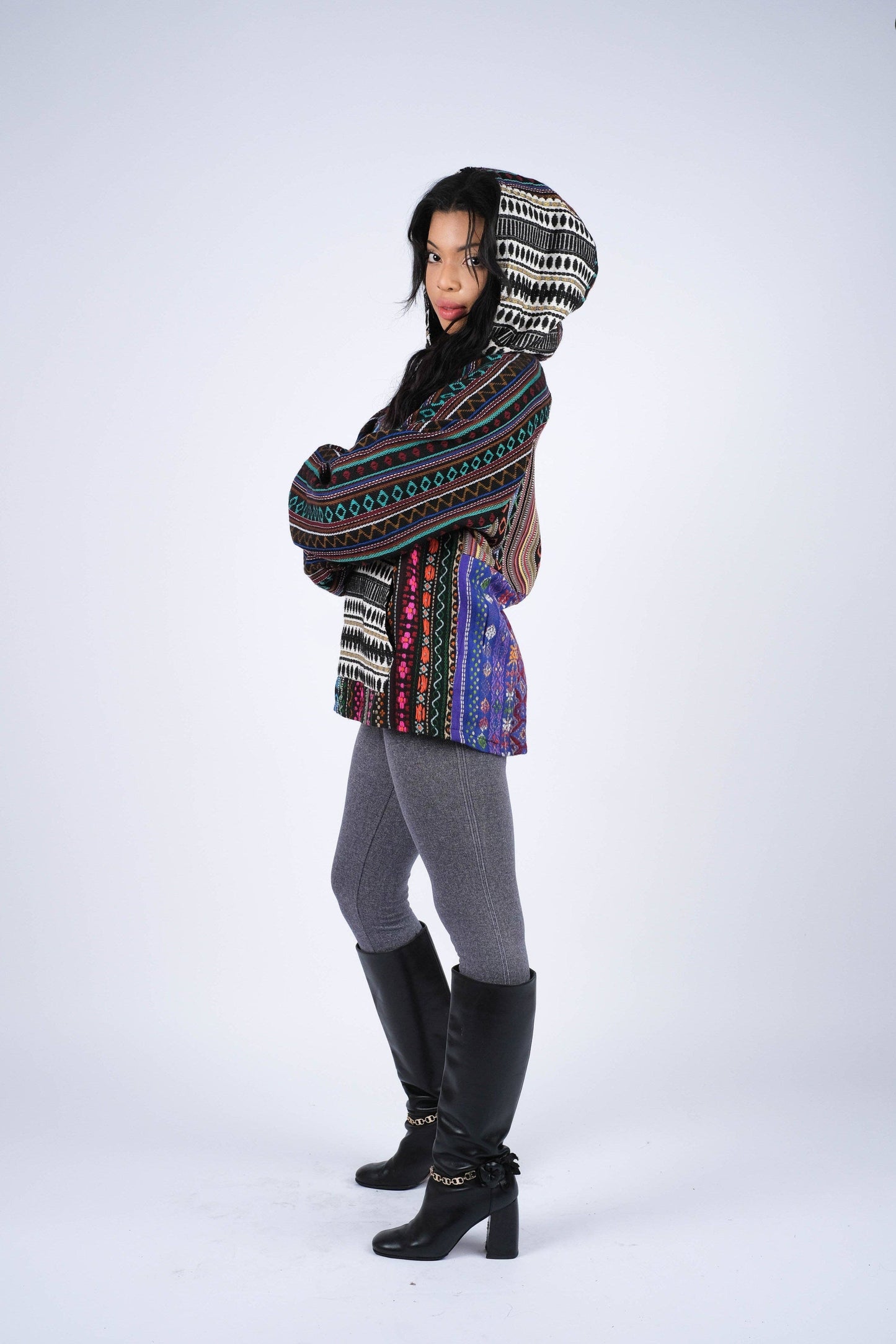 Multicolor Striped Patchwork Cotton Hoodie
