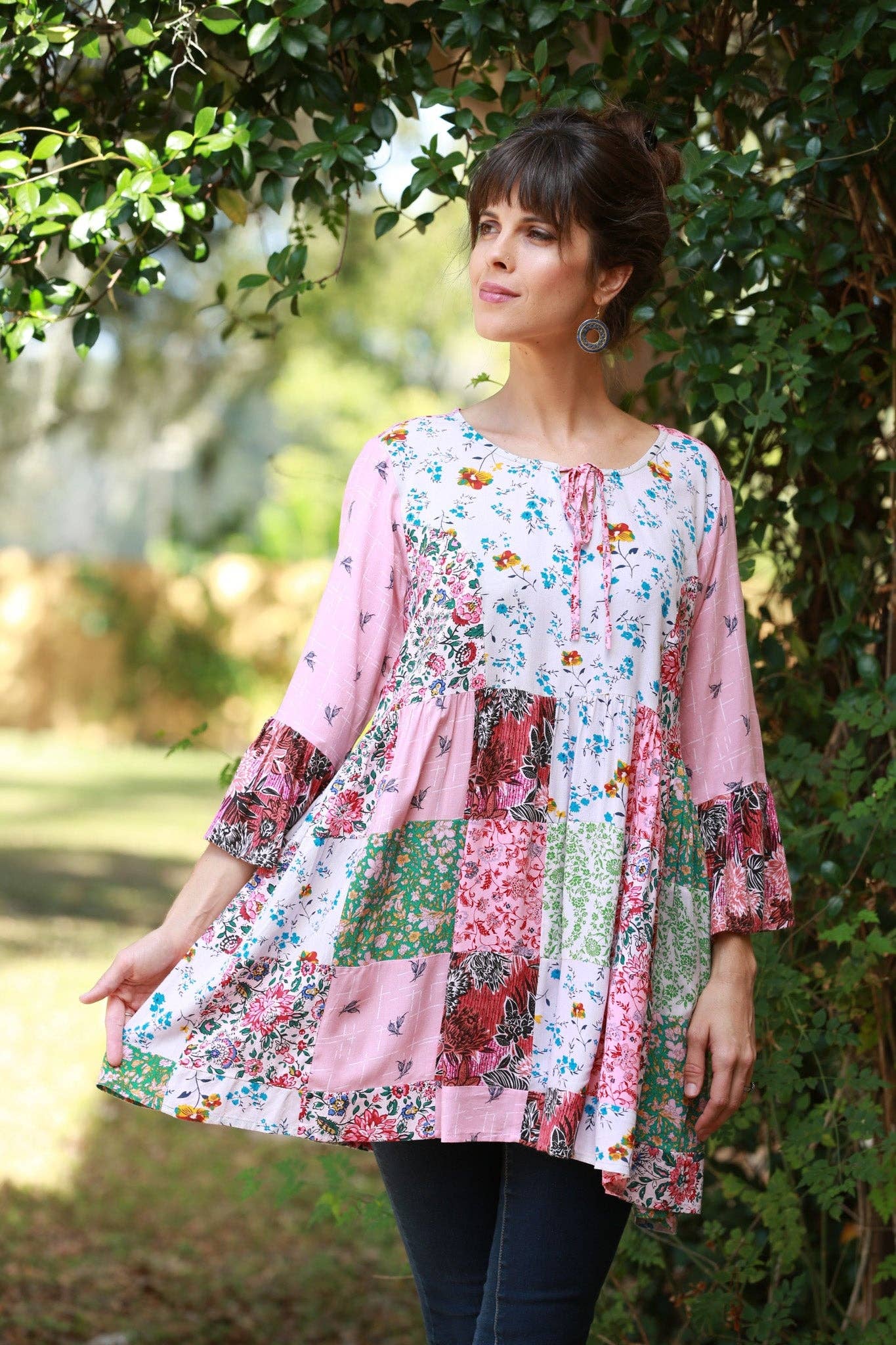 Petal Harmony Boho Tunic with Ruffled Sleeves