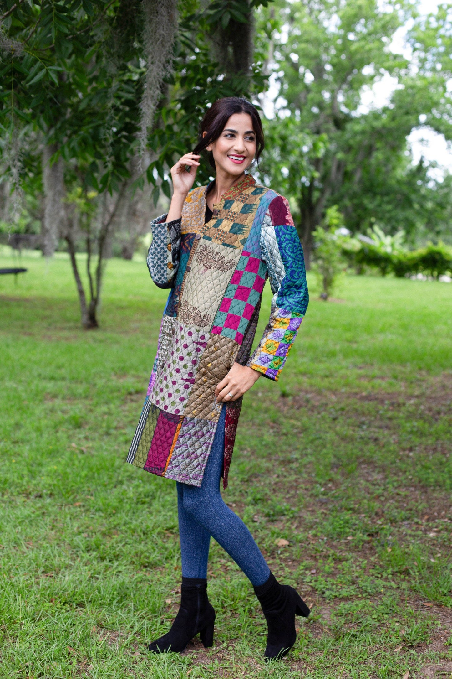 Vibrant Patchwork Quilted Poly Silk Jacket
