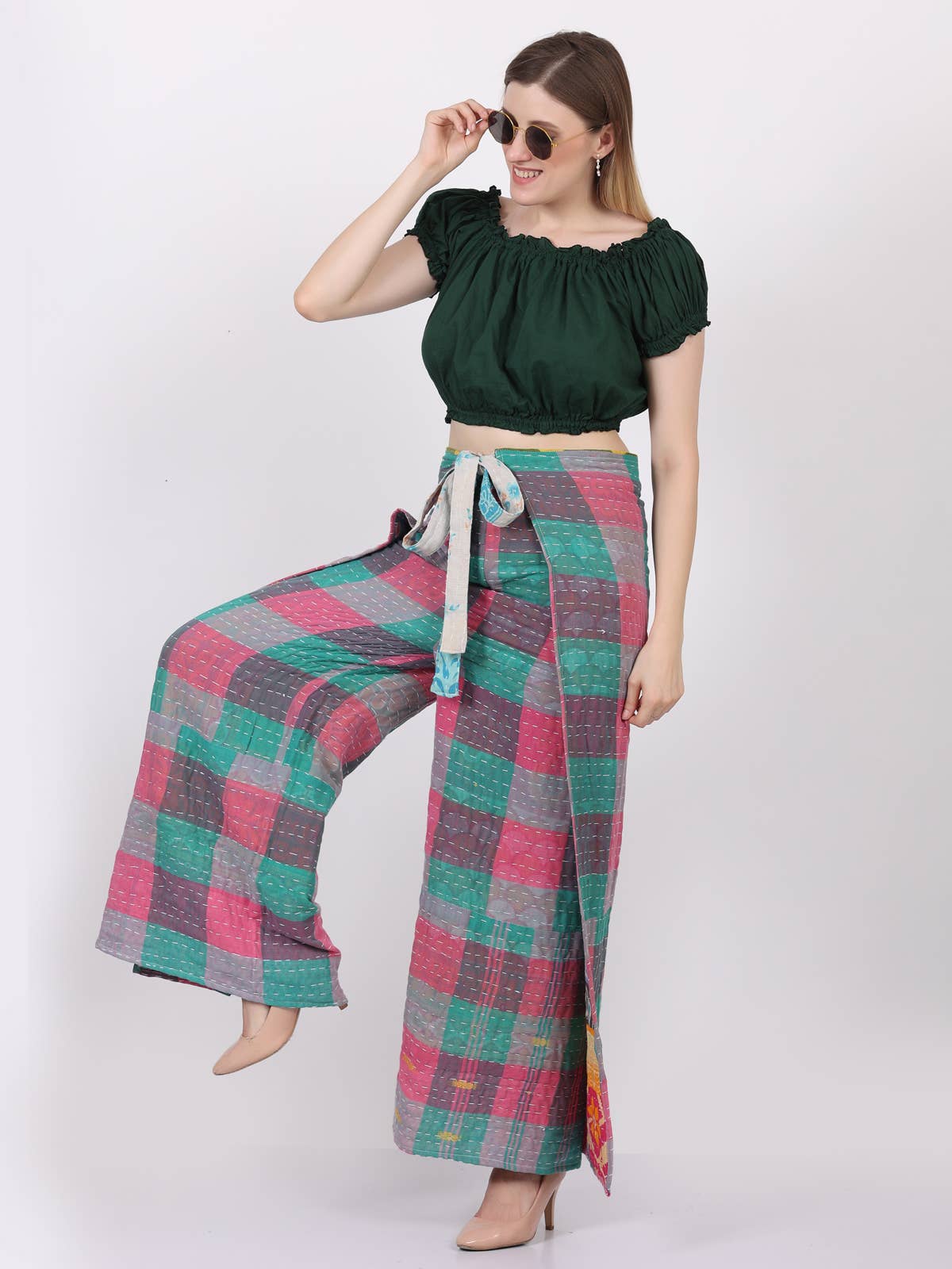 Women Wide Leg Kantha Fabric Tie Knot Thai Wrap Pant Mix Lot