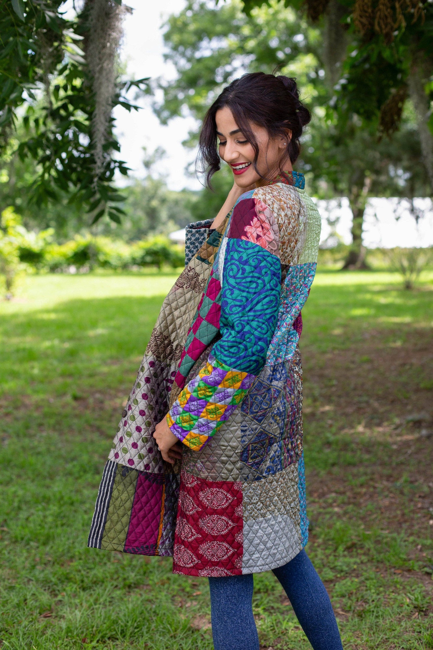 Vibrant Patchwork Quilted Poly Silk Jacket