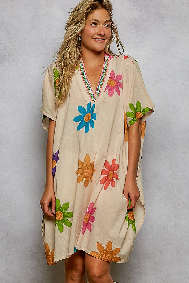 1/2 Sleeve V neck Beads Trim Floral Printed Woven Dress