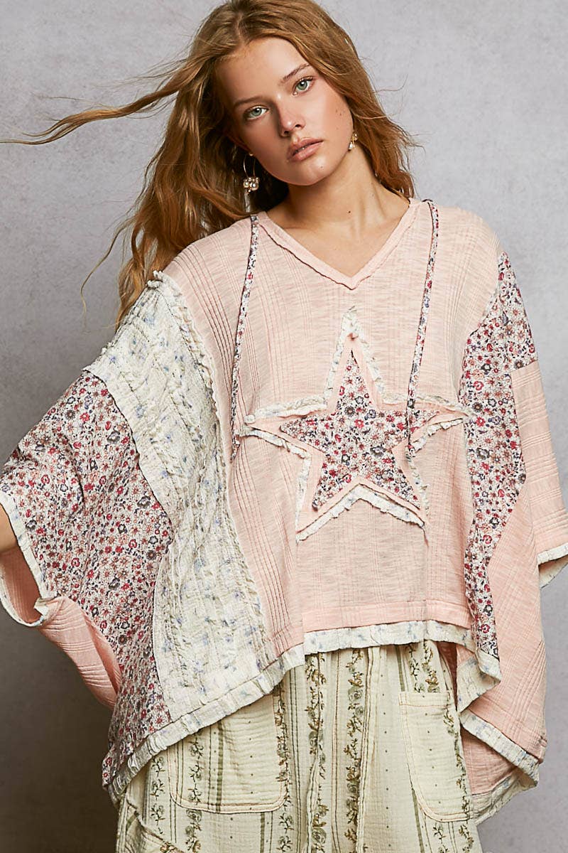 Long Sleeve Lace Contrast Floral Star Patch Knit Top SALE