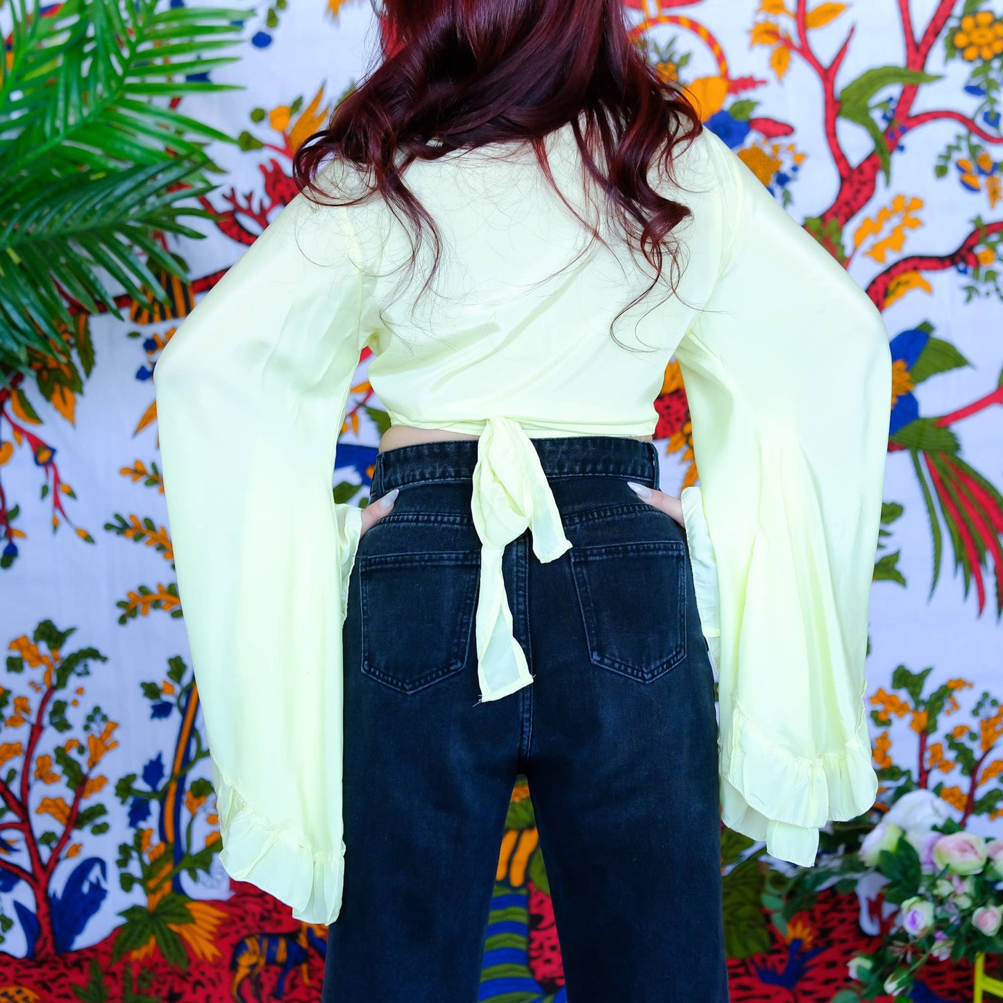 Solid Color Ruffle Sleeve Wrap Top