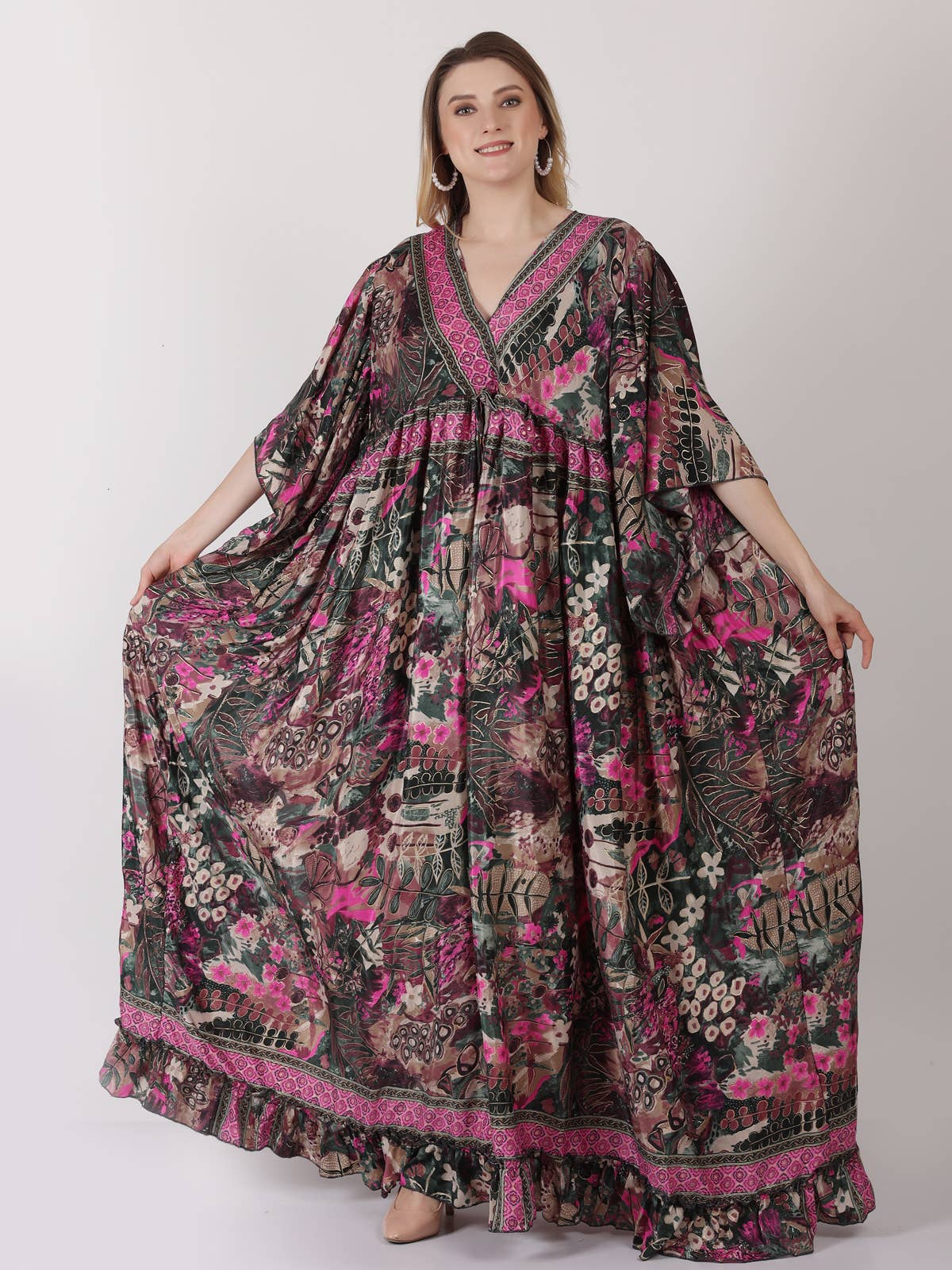 Women's Casual 3/4 Sleeves V-Neck Floral Maxi Tie up Dress