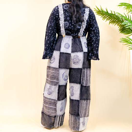 Bohemian Patchwork Wide Leg Jumpsuit with Pocket