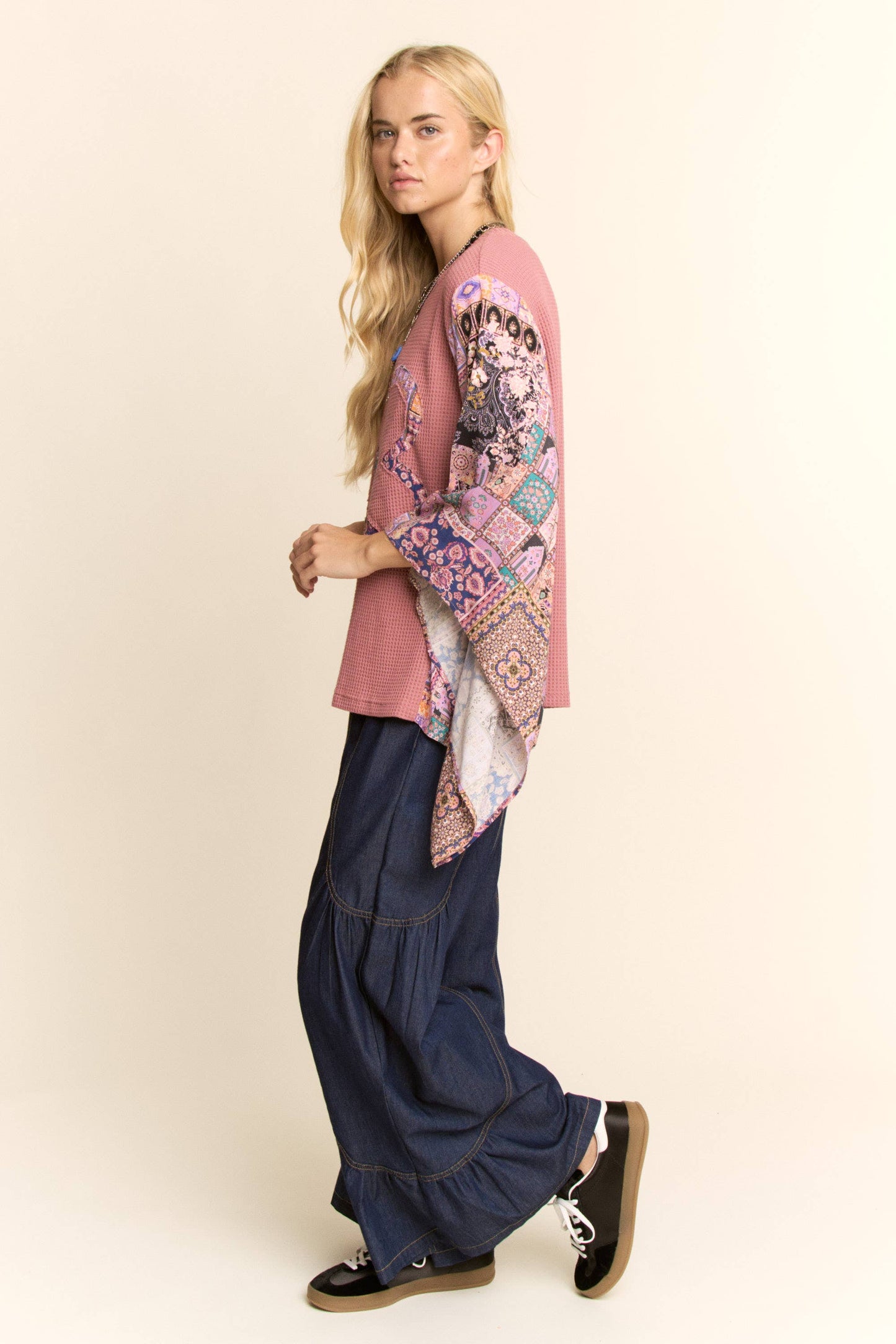 BOHO PATCHWORK KNIT TOP WITH FLOWER