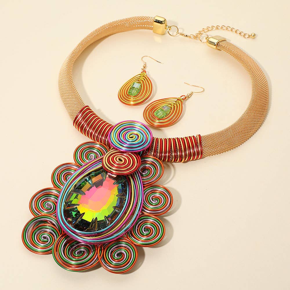 Bold Teardrop Stone Centered Metal Swirl Embellished Statement Necklace