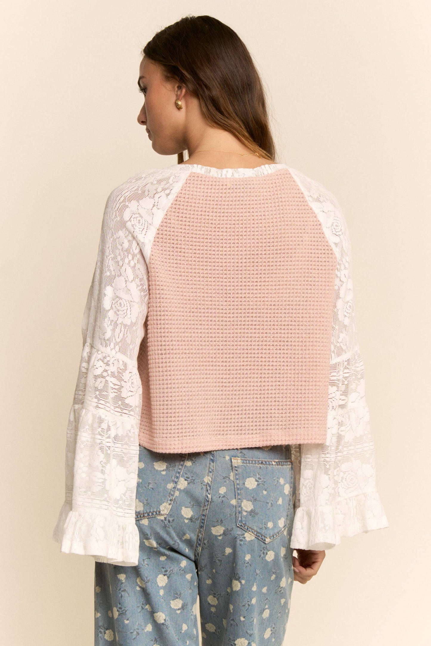PLUS SOFT WAFFLE KNIT LACE BOW PATCHWORK TOP