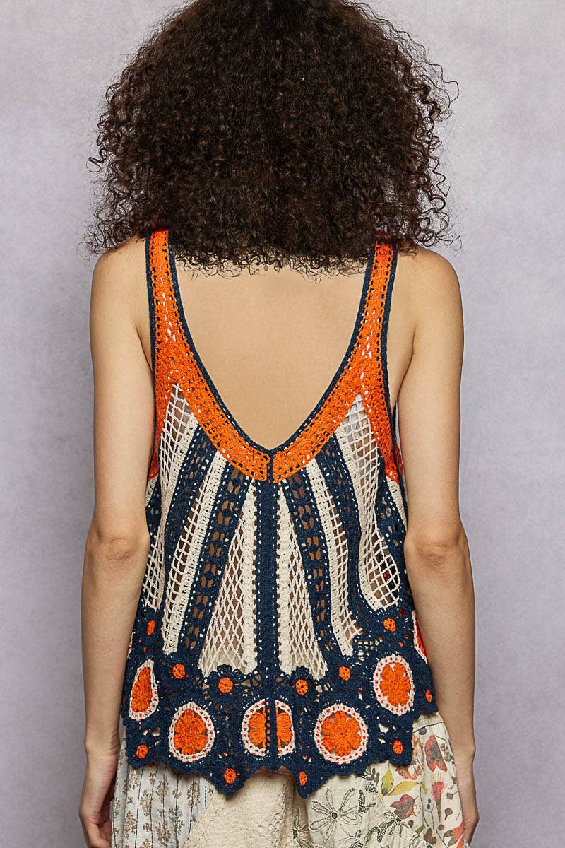 V-Neck Sleeveless Scalloped Edge Stripe Border Crochet Top