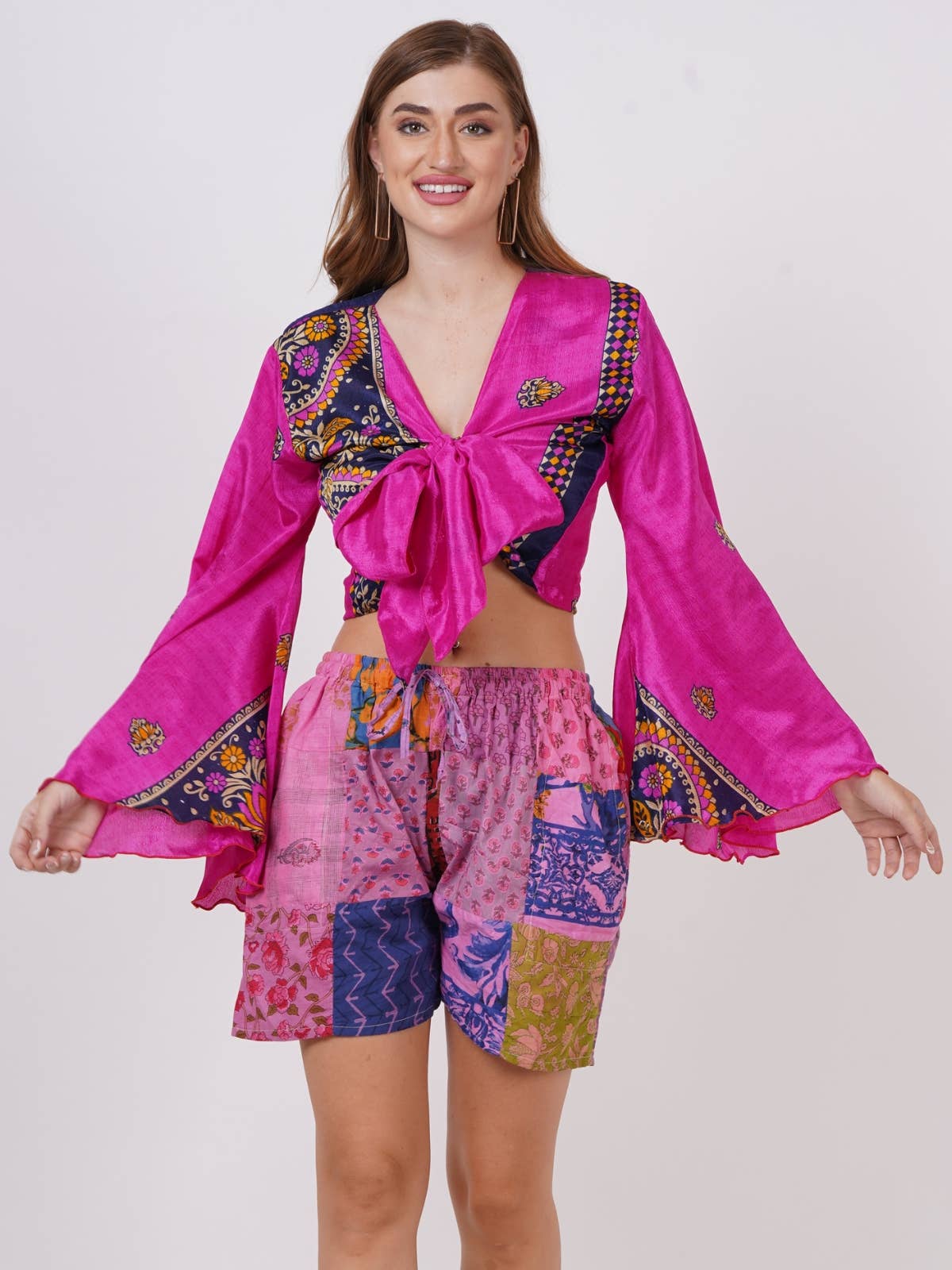 Women's Hippie V Neck Long Bell Sleeve Tie knot Floral Tops