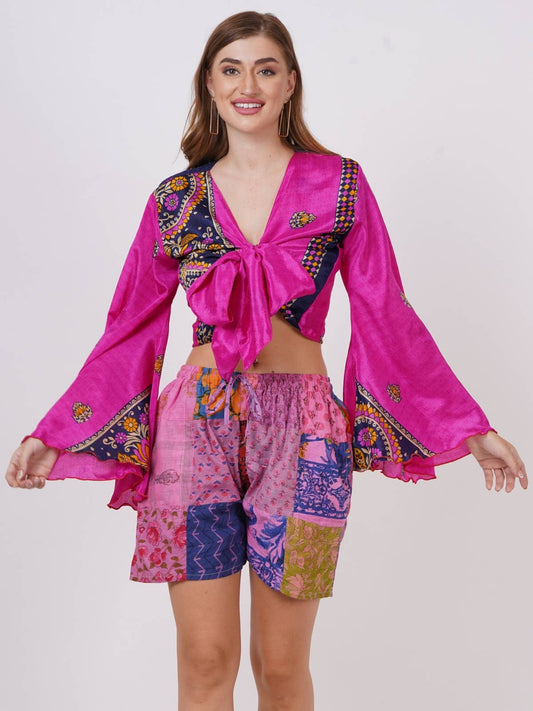 Women's Hippie V Neck Long Bell Sleeve Tie knot Floral Tops