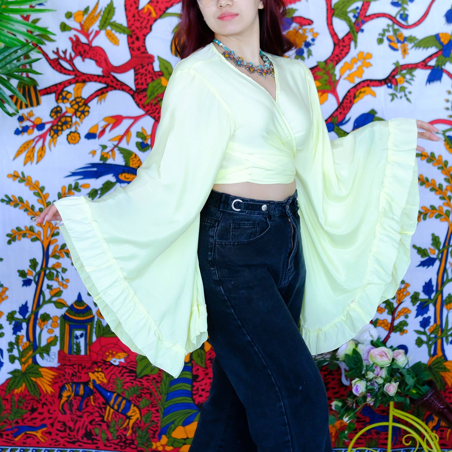 Solid Color Ruffle Sleeve Wrap Top