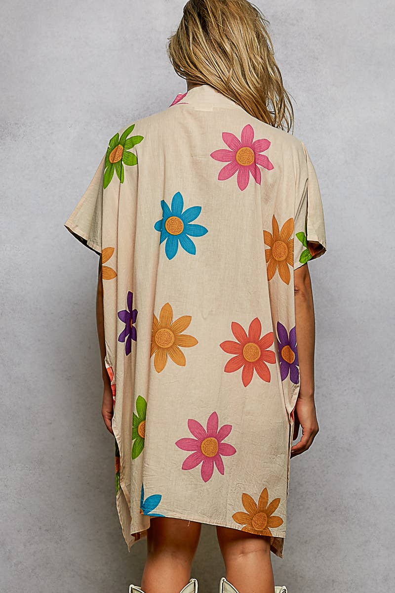 1/2 Sleeve V neck Beads Trim Floral Printed Woven Dress