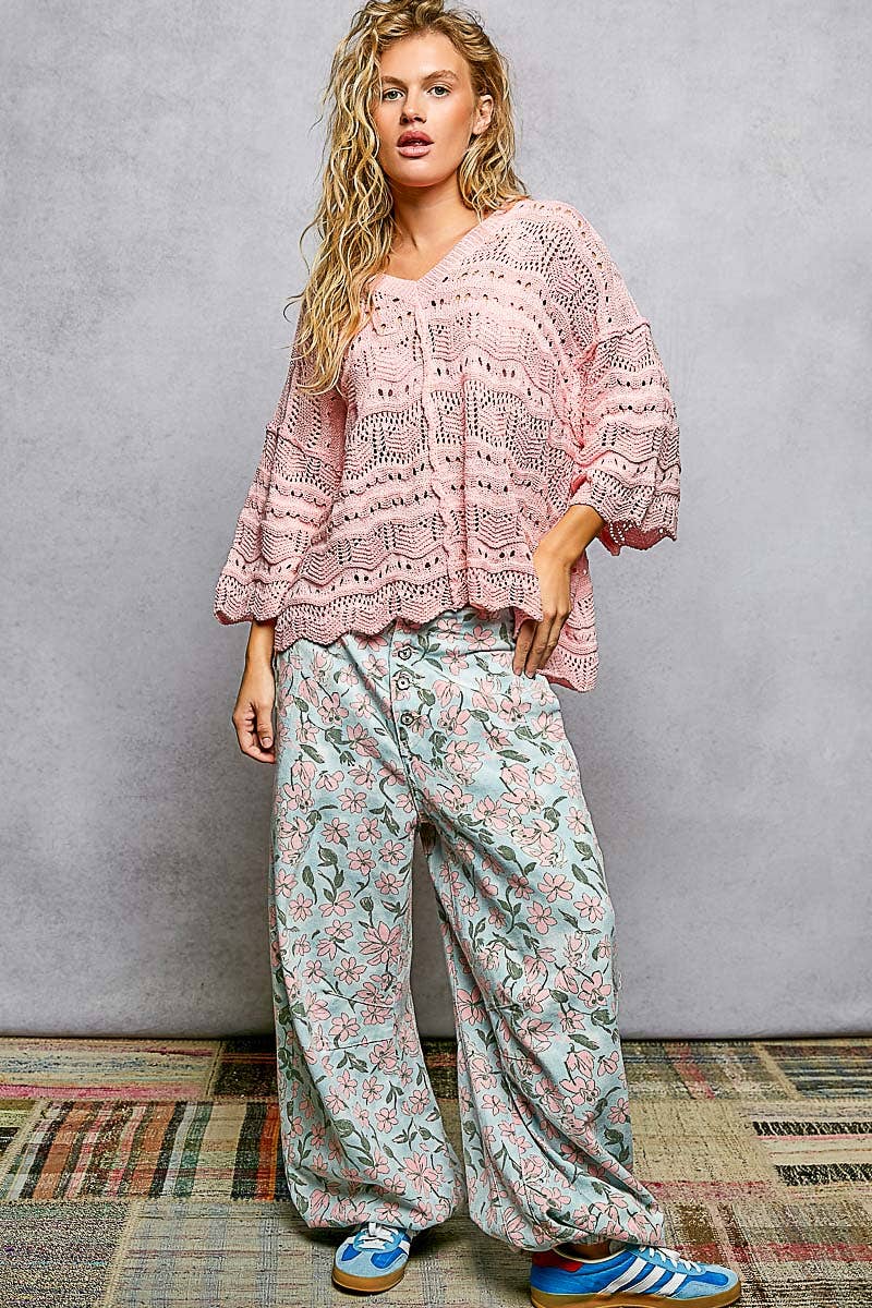 Open Knit V-Neck Oversized Short Sleeve Sweater Top SALE