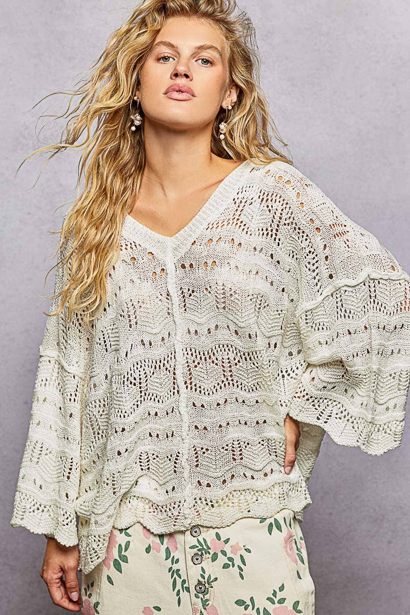 Open Knit V-Neck Oversized Short Sleeve Sweater Top SALE