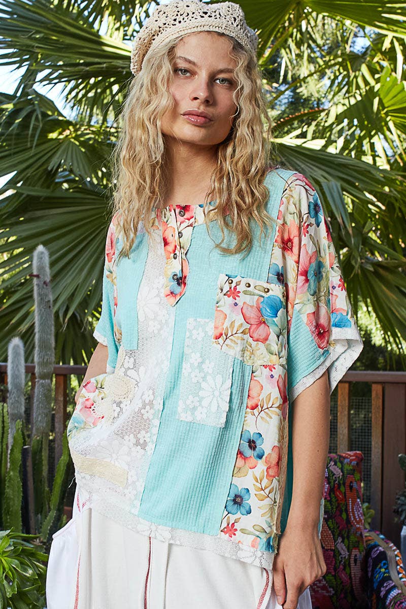 Round Neck Short Sleeve Floral Knit Rib Top SALE