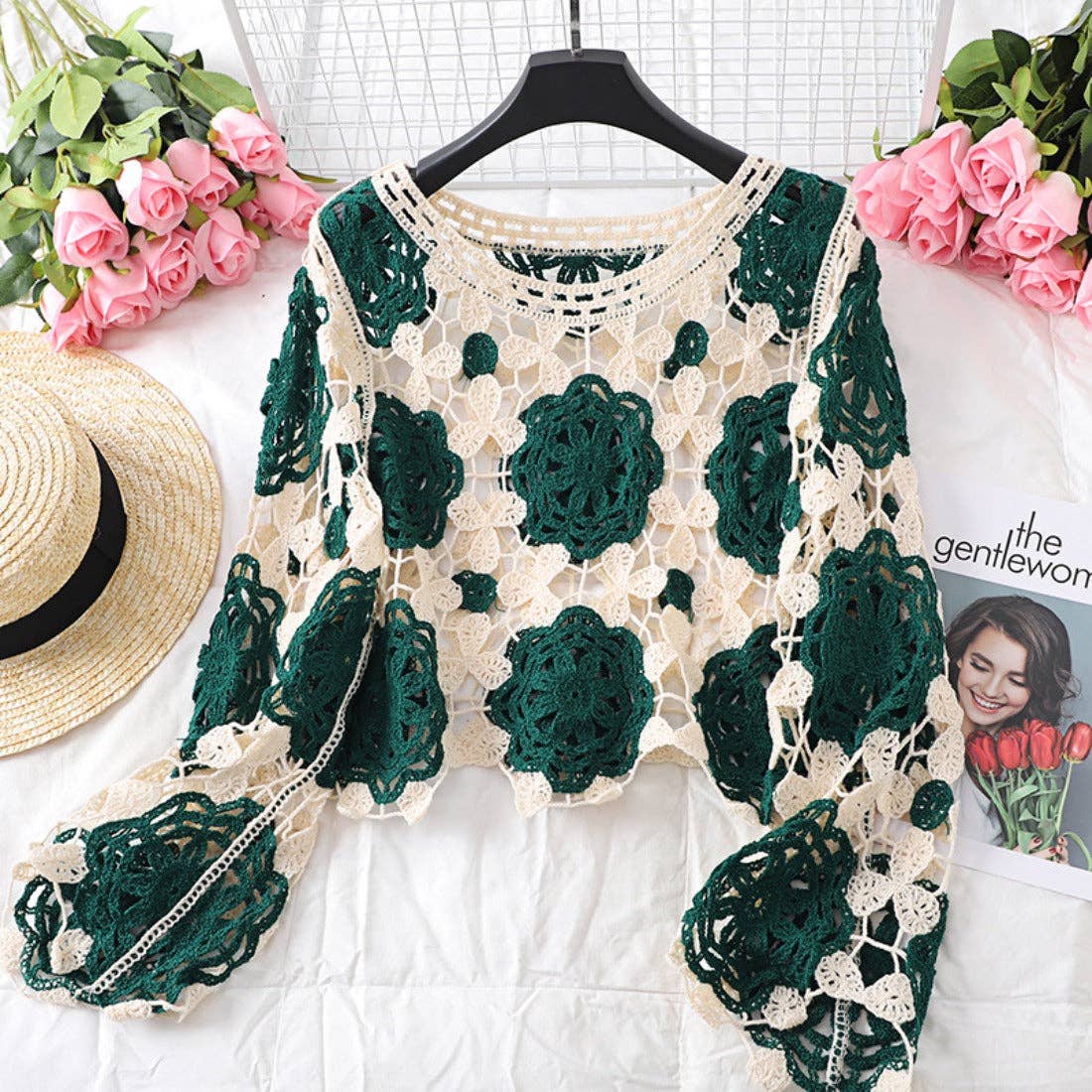 Crosa - Color Block Hollow Knit Long Sleeve Top