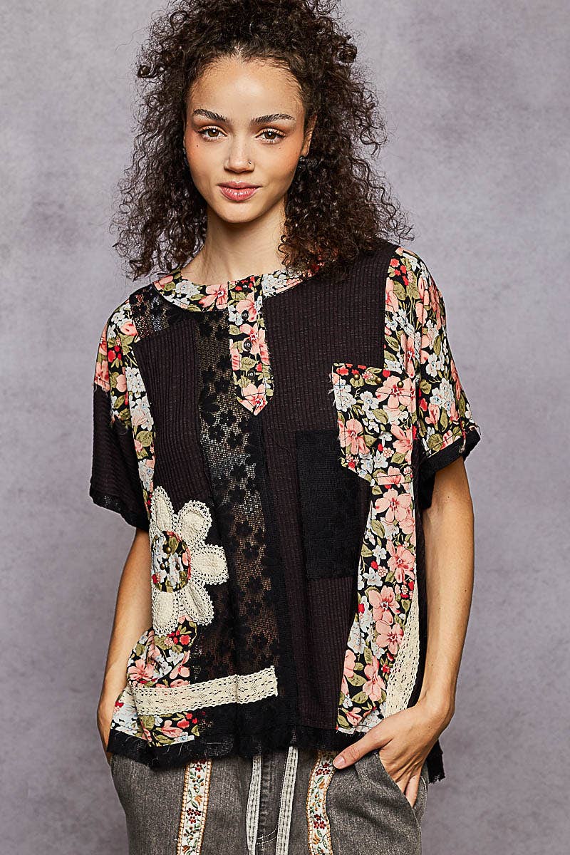 Round Neck Short Sleeve Floral Knit Rib Top SALE