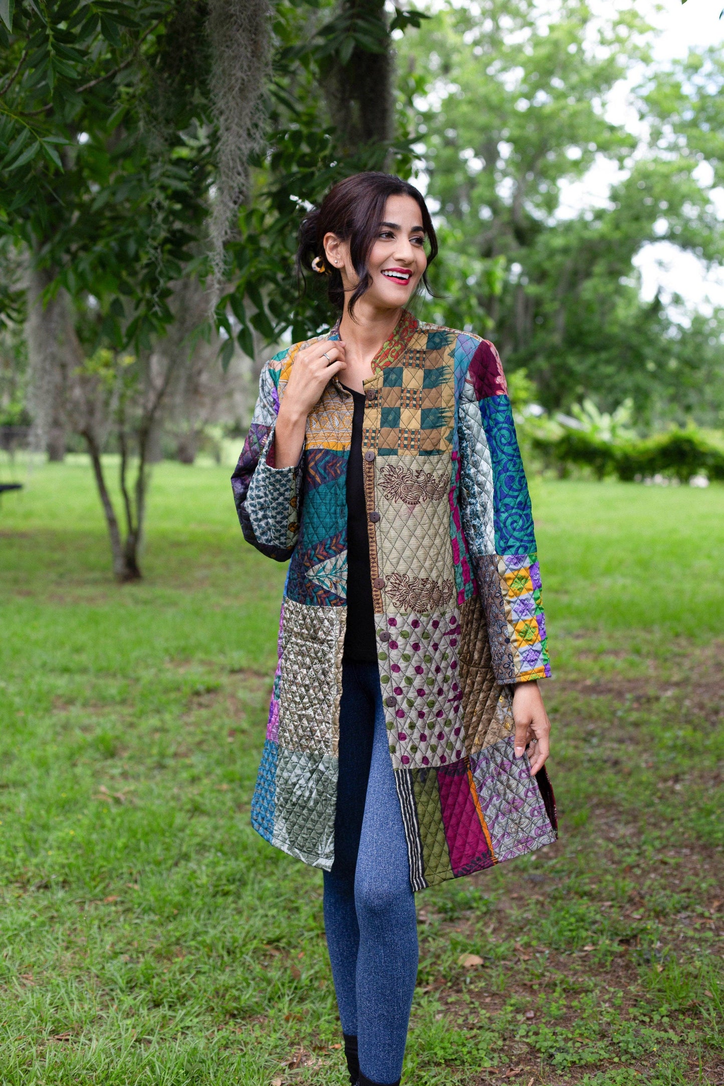 Vibrant Patchwork Quilted Poly Silk Jacket