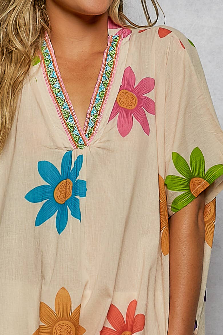 1/2 Sleeve V neck Beads Trim Floral Printed Woven Dress