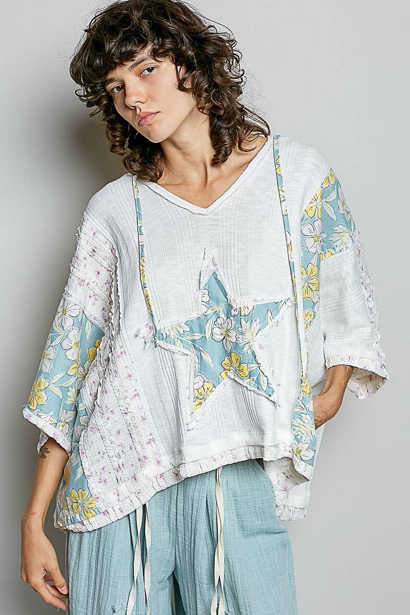 Long Sleeve Lace Contrast Floral Star Patch Knit Top SALE