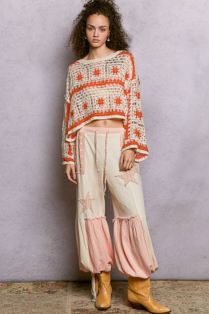 Boat Neck Granny Square Long Sleeves Crochet Top