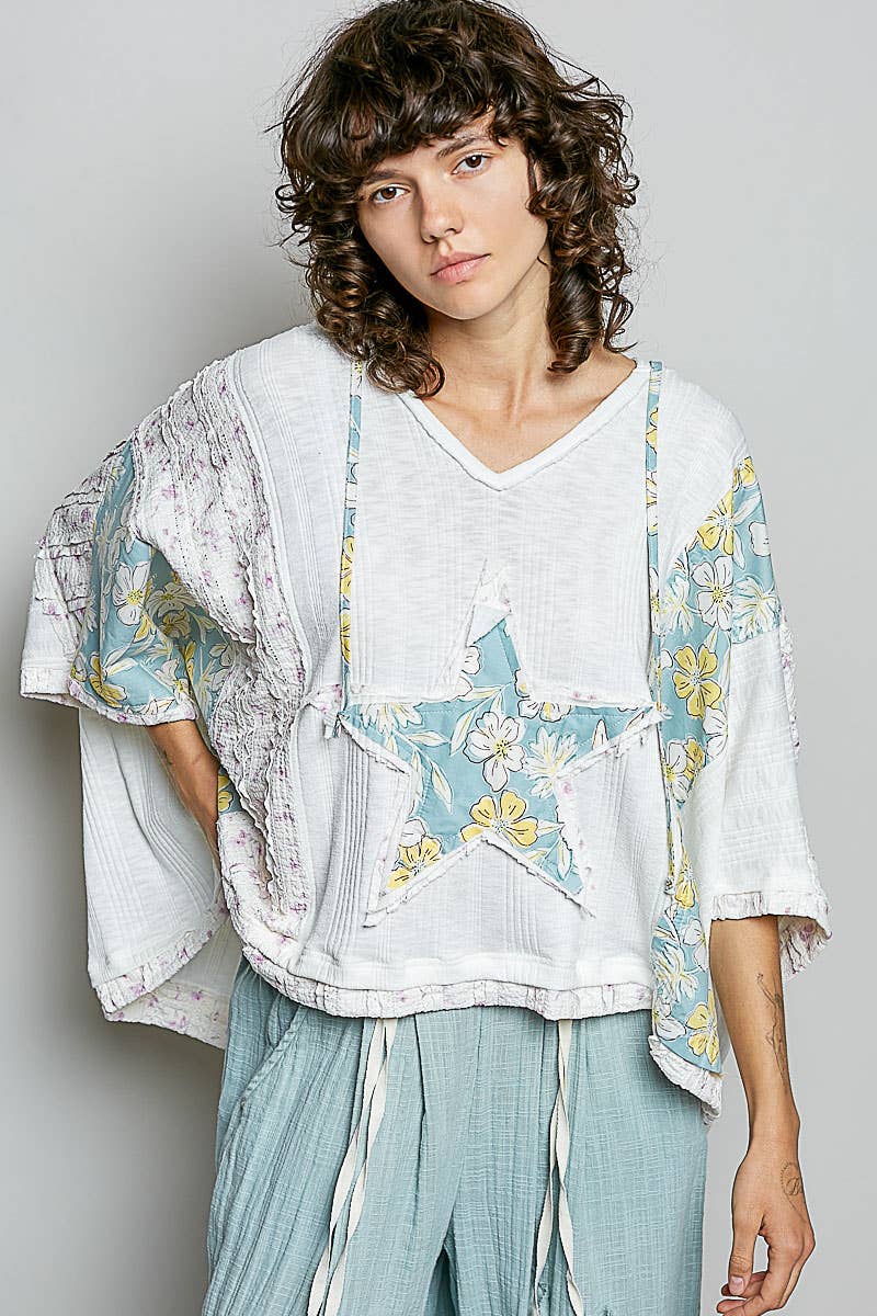 Long Sleeve Lace Contrast Floral Star Patch Knit Top SALE