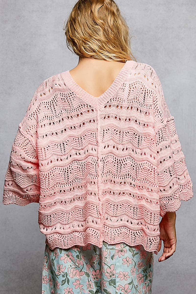 Open Knit V-Neck Oversized Short Sleeve Sweater Top SALE