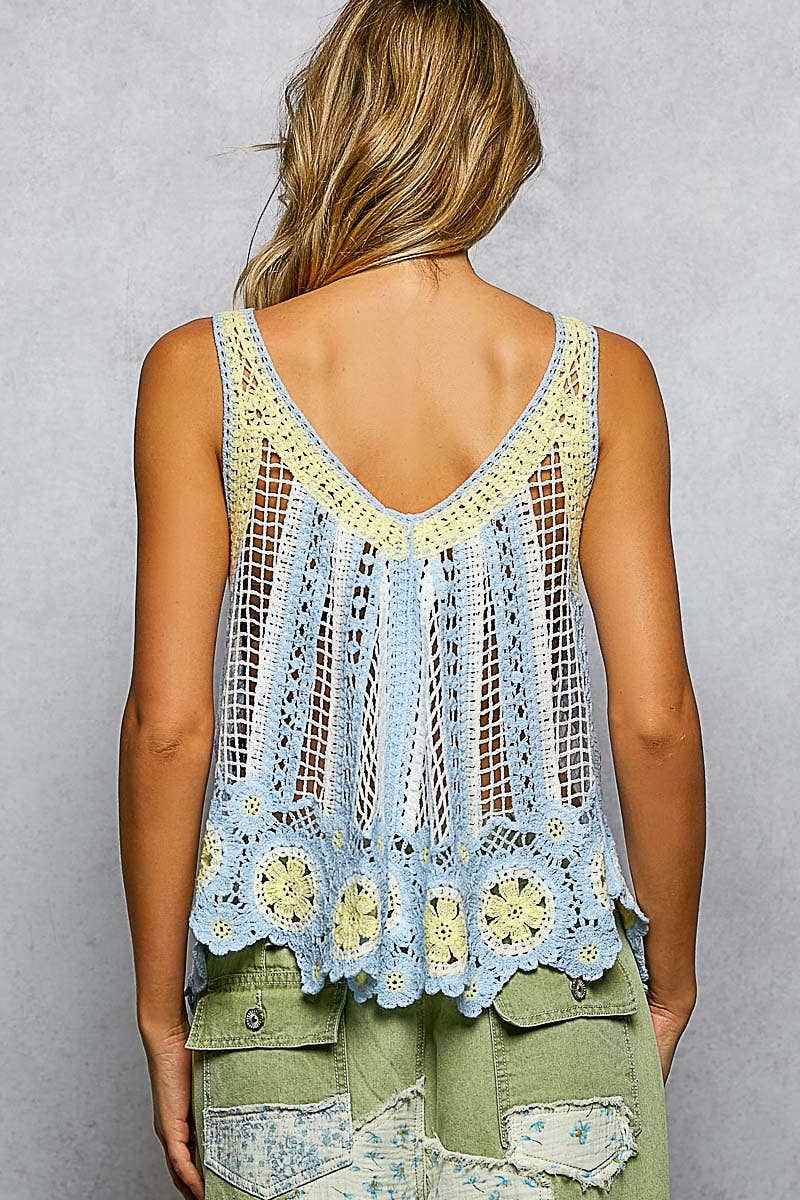 V-Neck Sleeveless Scalloped Edge Stripe Border Crochet Top