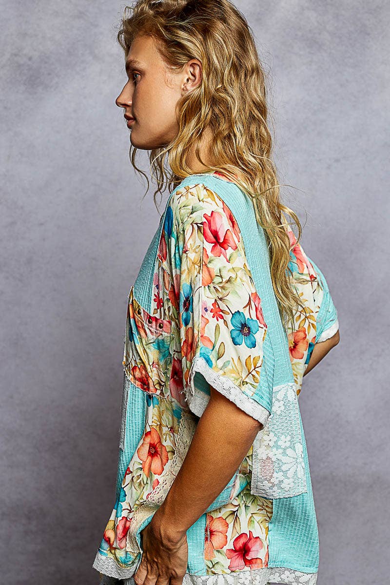 Round Neck Short Sleeve Floral Knit Rib Top SALE