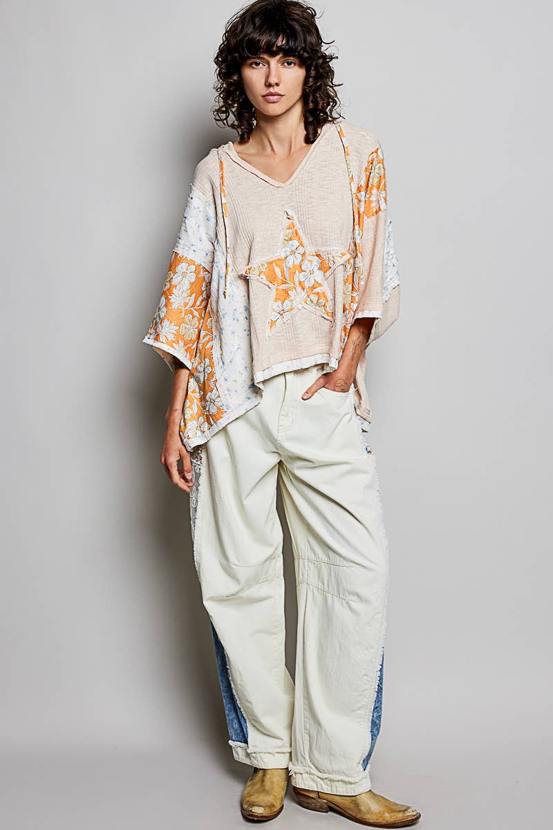 Long Sleeve Lace Contrast Floral Star Patch Knit Top SALE