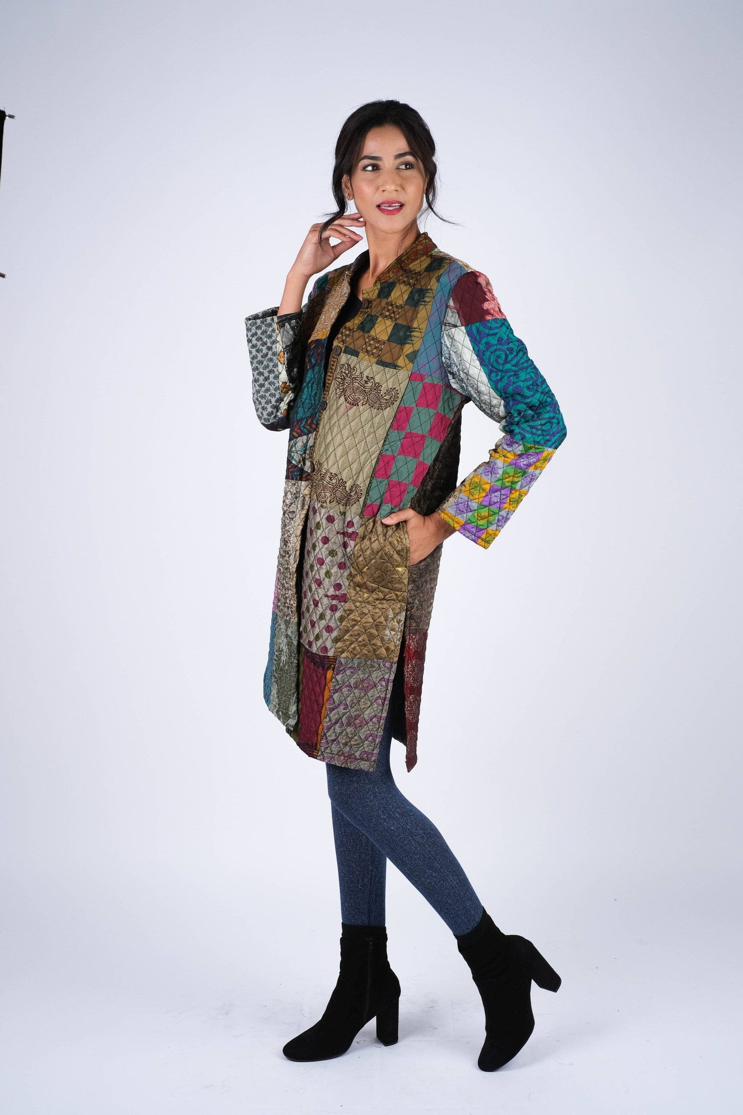 Vibrant Patchwork Quilted Poly Silk Jacket