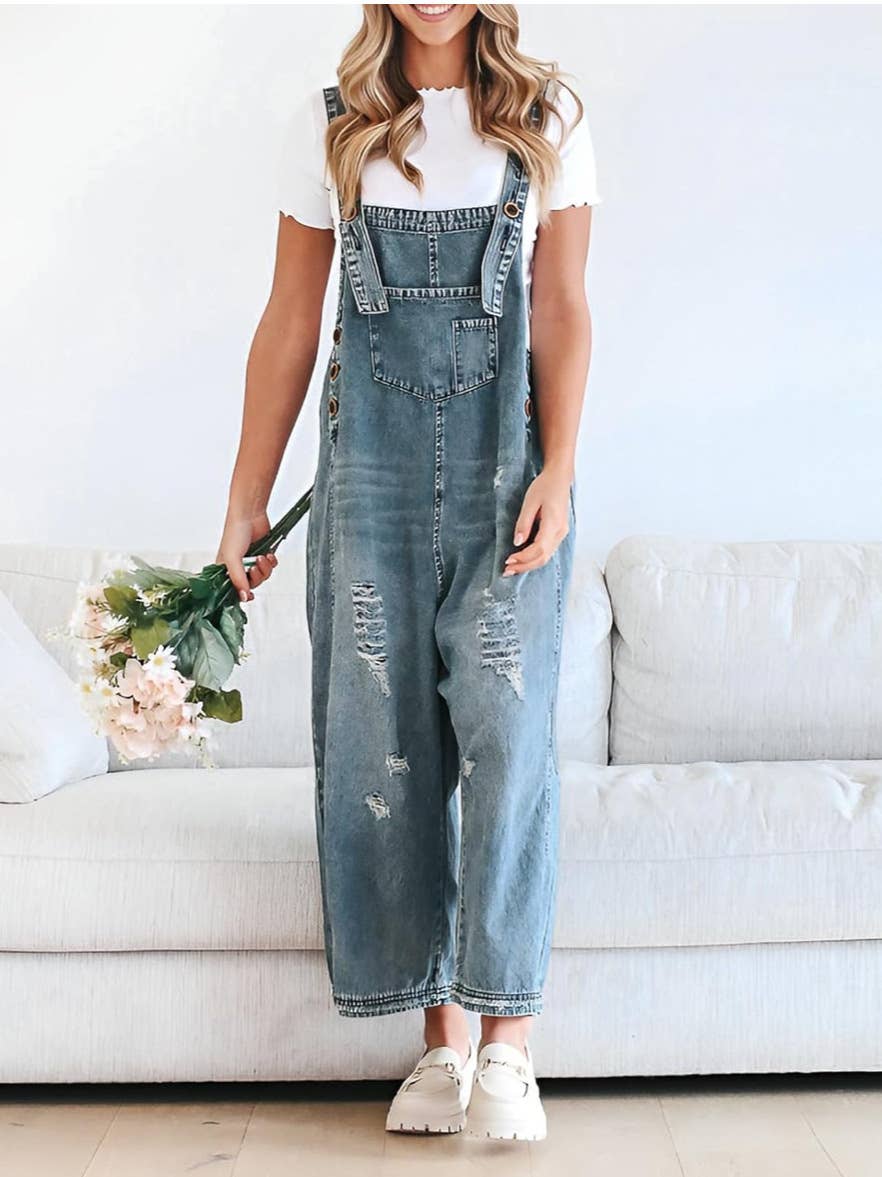 Women's Wide Leg Jumpsuit with Ripped Details Denim Overalls