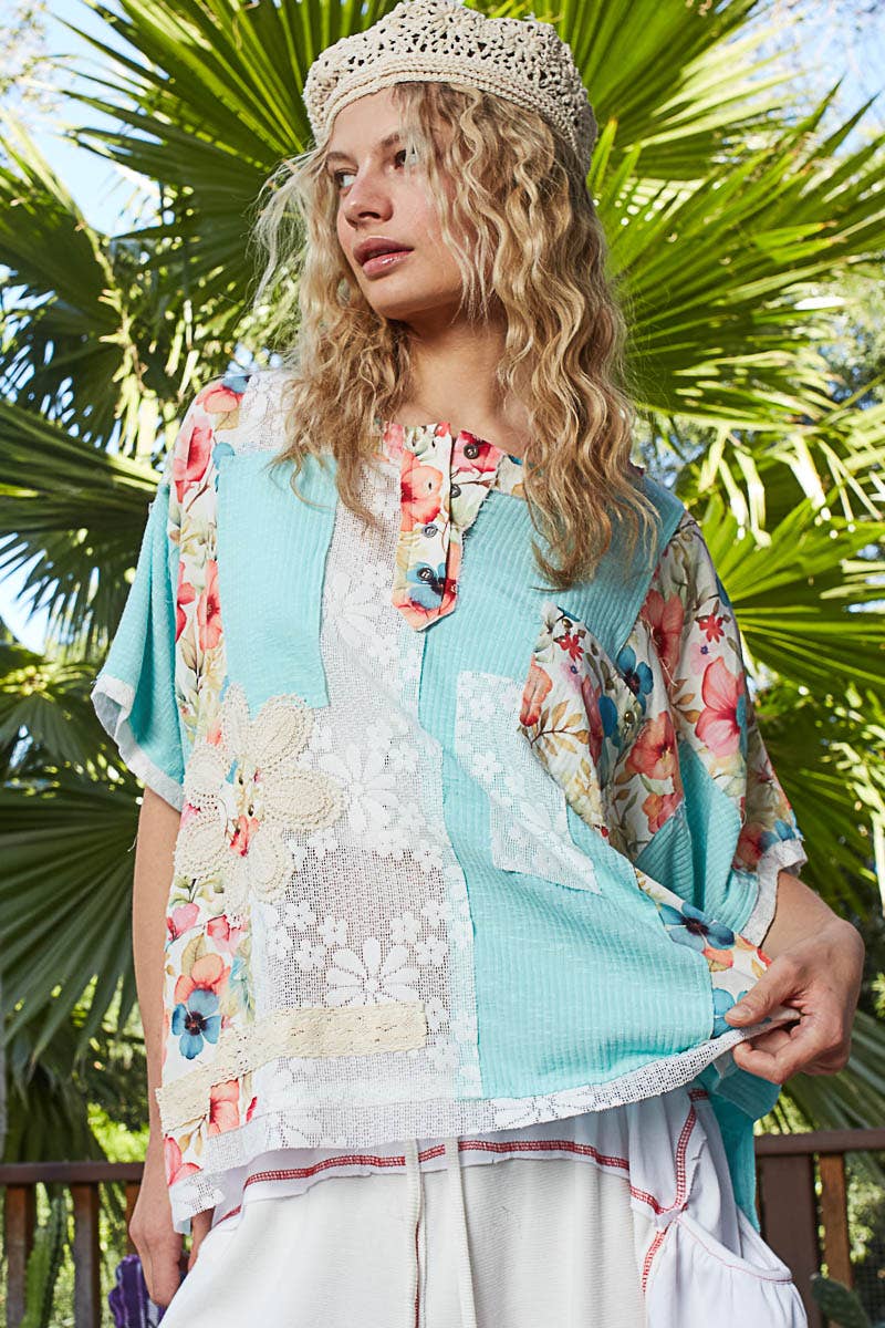 Round Neck Short Sleeve Floral Knit Rib Top SALE